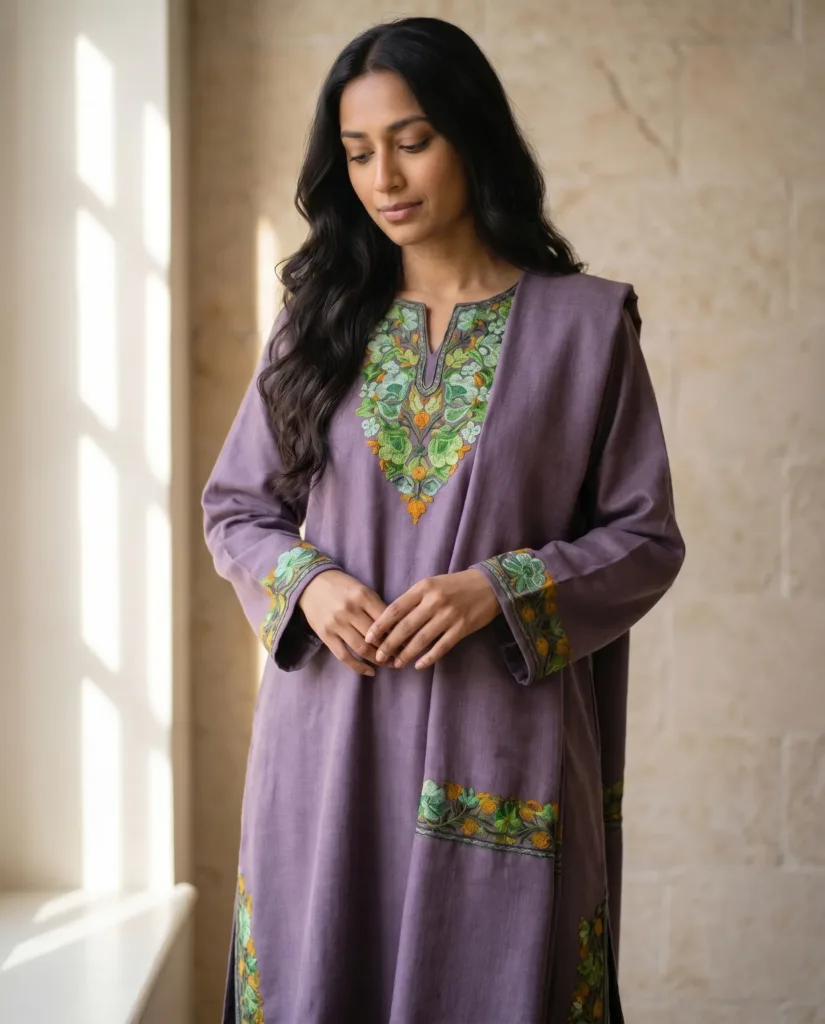 Shaam-e-Banafsha Aari Embroidered Acro Wool Pheran Set (Pheran, Scarf & Trousers)