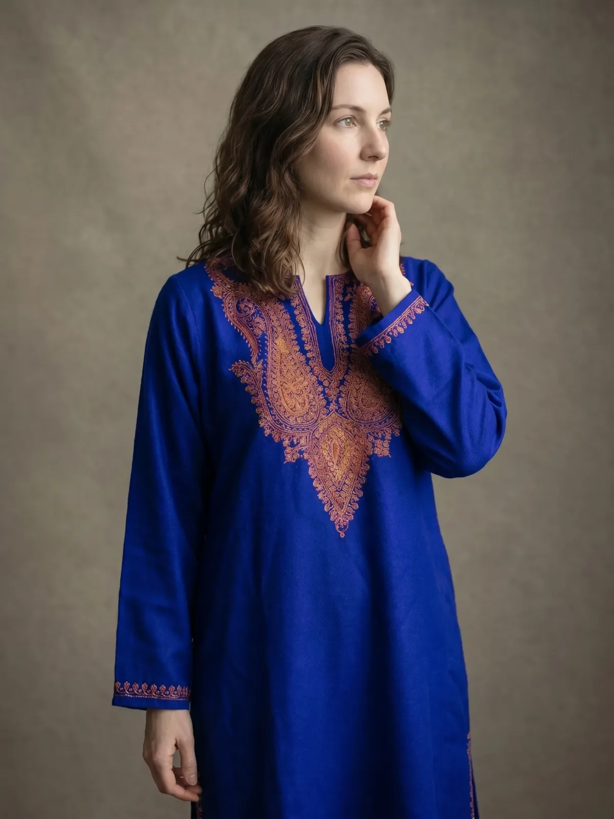 Shahnoor Royal Blue Acro Wool Pheran with Hand Needle Work