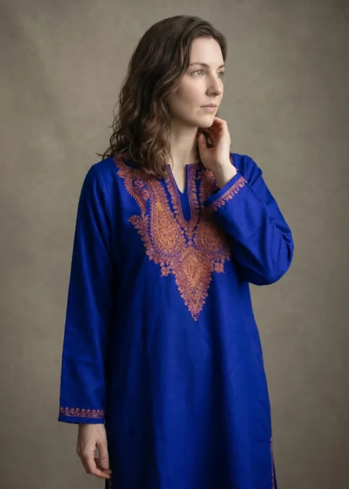 Shahnoor Royal Blue Acro Wool Pheran with Hand Needle Work