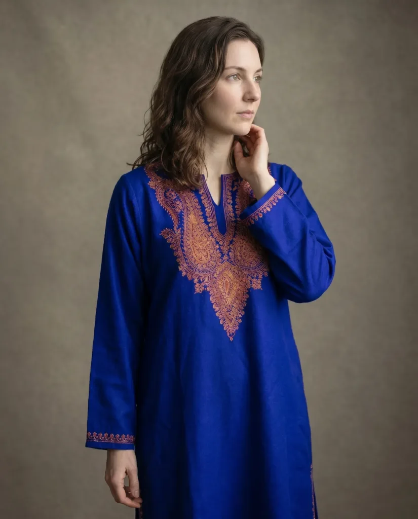 Shahnoor Royal Blue Acro Wool Pheran with Hand Needle Work
