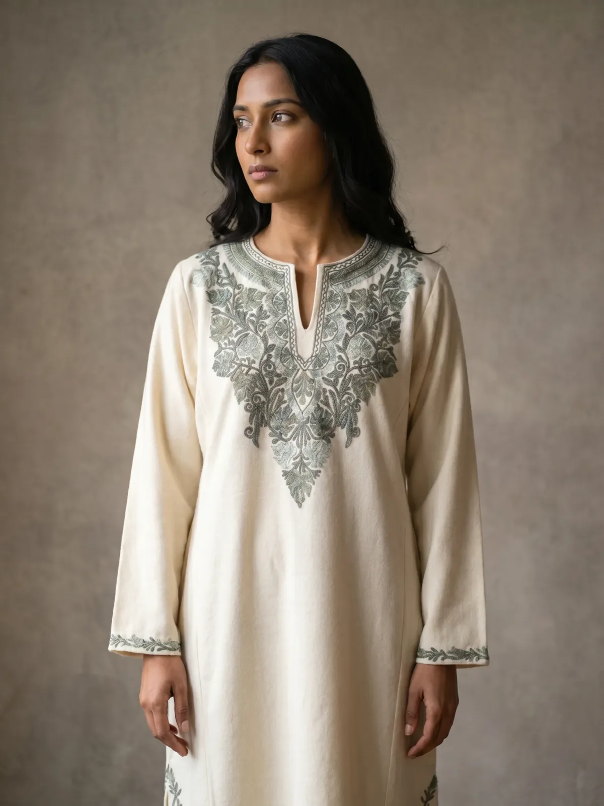 Sheen Gul Cream Acro Wool Aari Embroidered Pheran