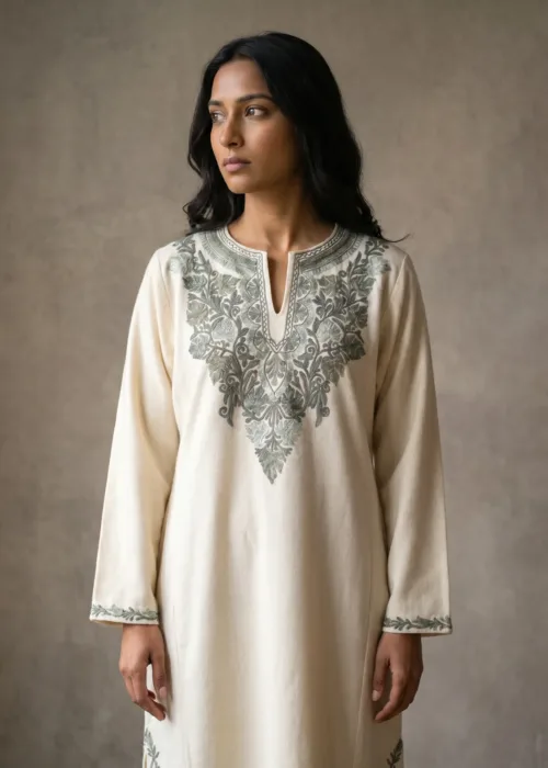 Sheen Gul Cream Acro Wool Aari Embroidered Pheran