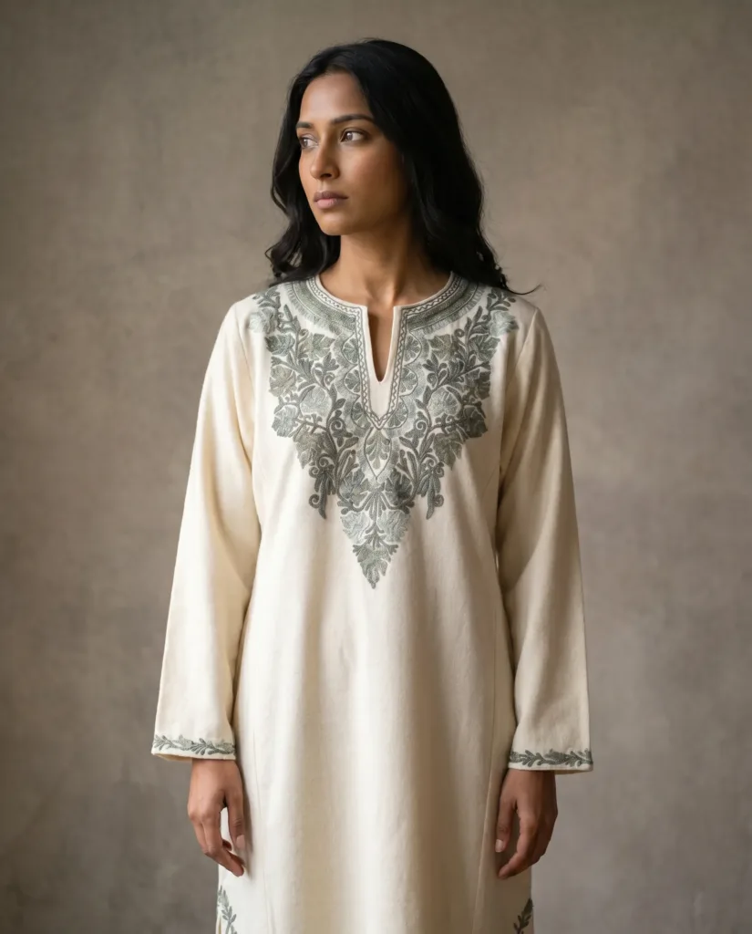 Sheen Gul Cream Acro Wool Aari Embroidered Pheran