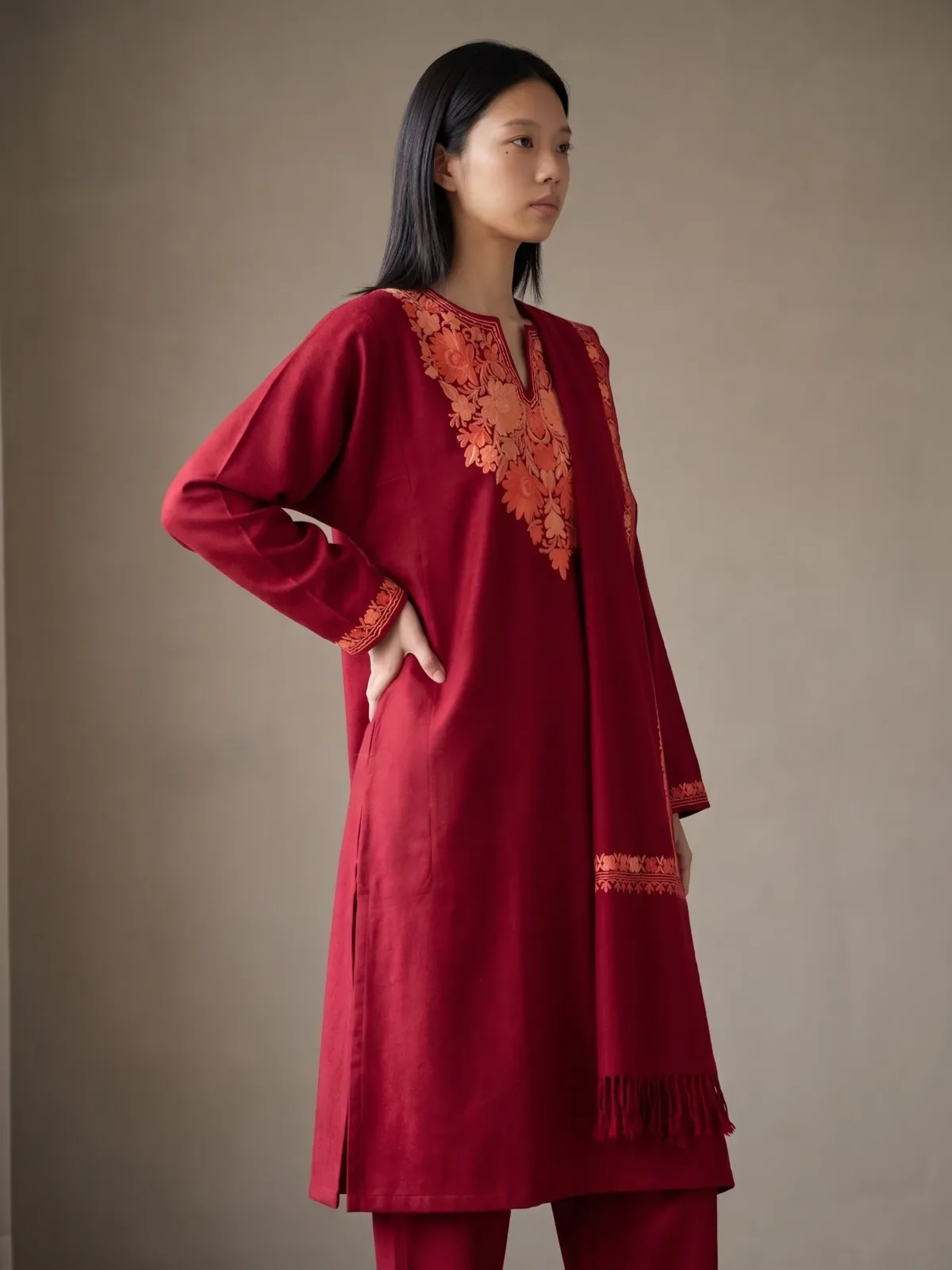 Surkh-e-Gulnaar Aari Embroidered Wool Pheran