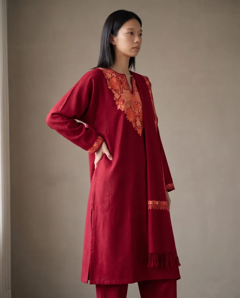 Surkh-e-Gulnaar Aari Embroidered Wool Pheran
