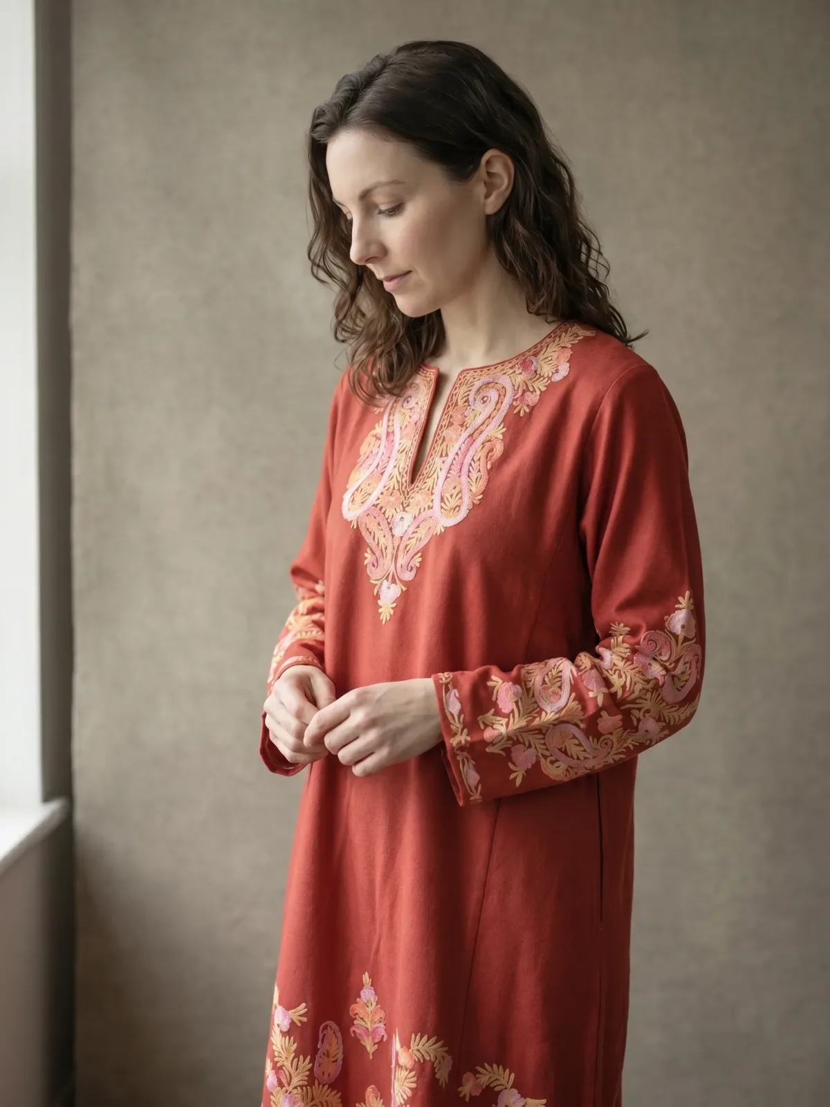 Taabish Terracotta Acro Wool Aari Embroidered Pheran (Heavy Work)