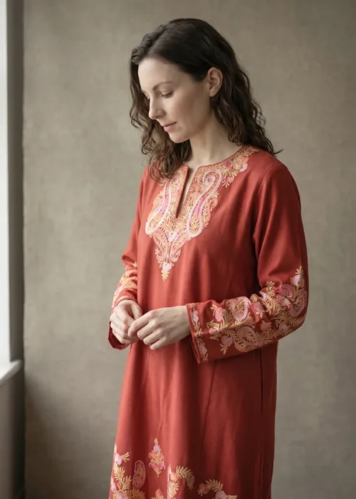 Taabish Terracotta Acro Wool Aari Embroidered Pheran (Heavy Work)
