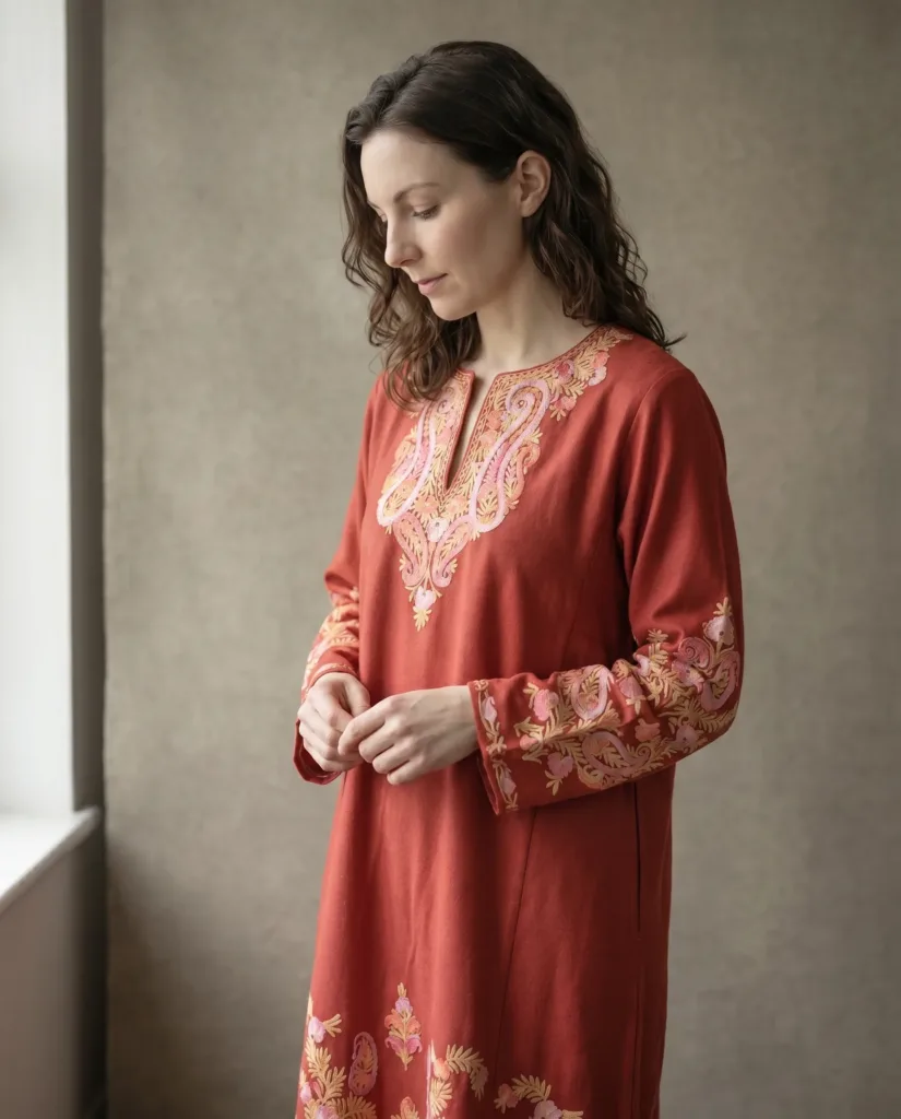 Taabish Terracotta Acro Wool Aari Embroidered Pheran (Heavy Work)