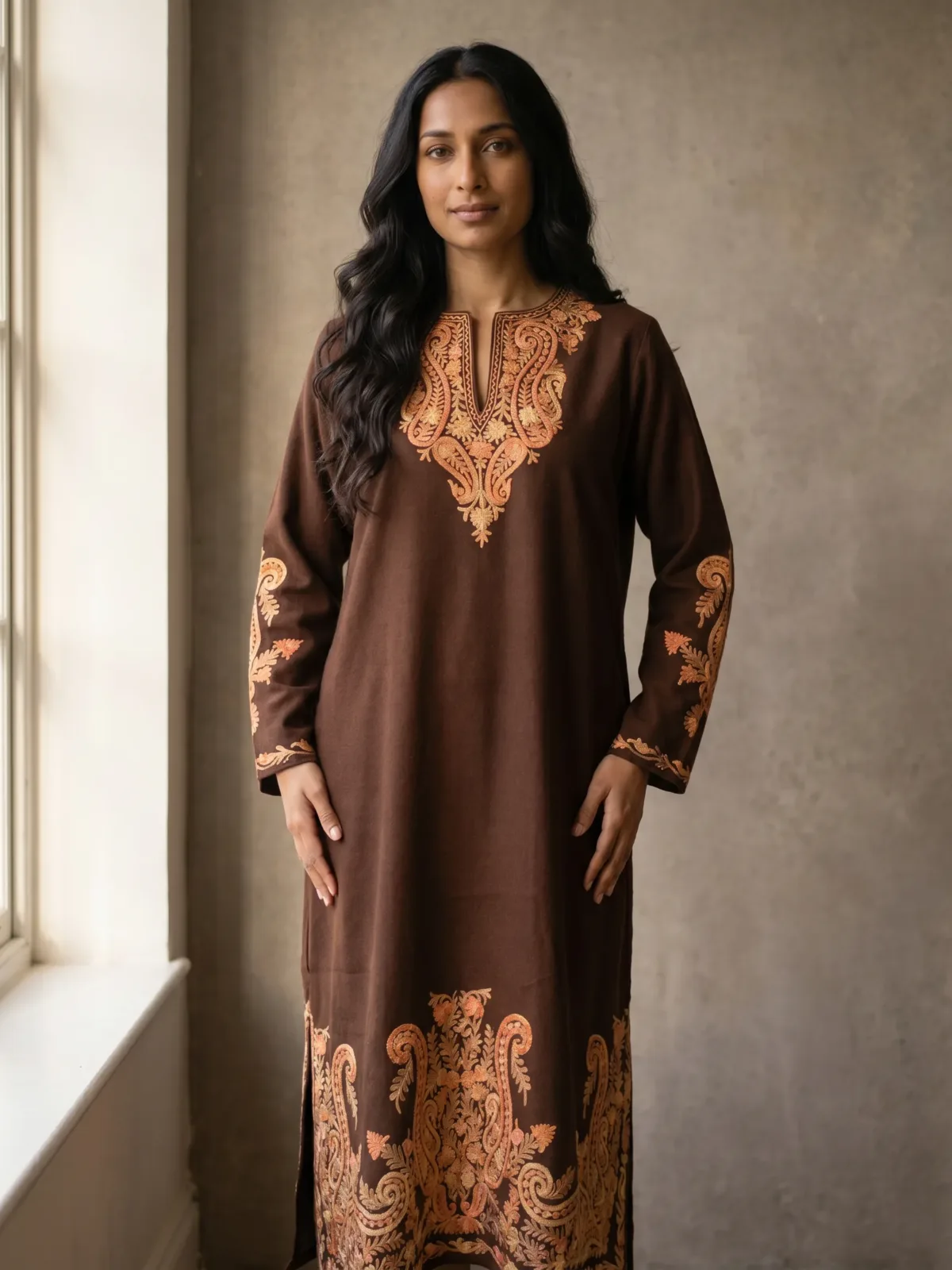 Tabeer Coffee Brown Acro Wool Aari Embroidered Pheran (Heavy Work)