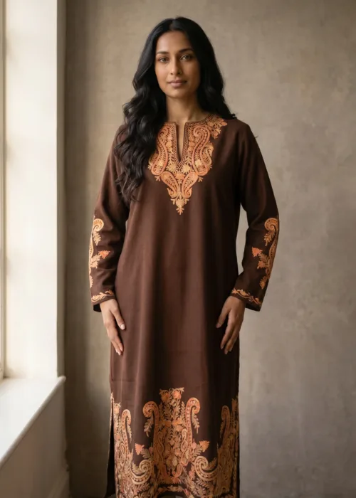Tabeer Coffee Brown Acro Wool Aari Embroidered Pheran (Heavy Work)