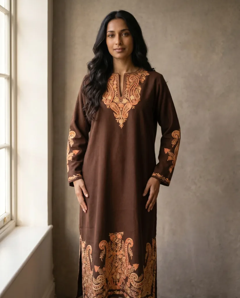 Tabeer Coffee Brown Acro Wool Aari Embroidered Pheran (Heavy Work)