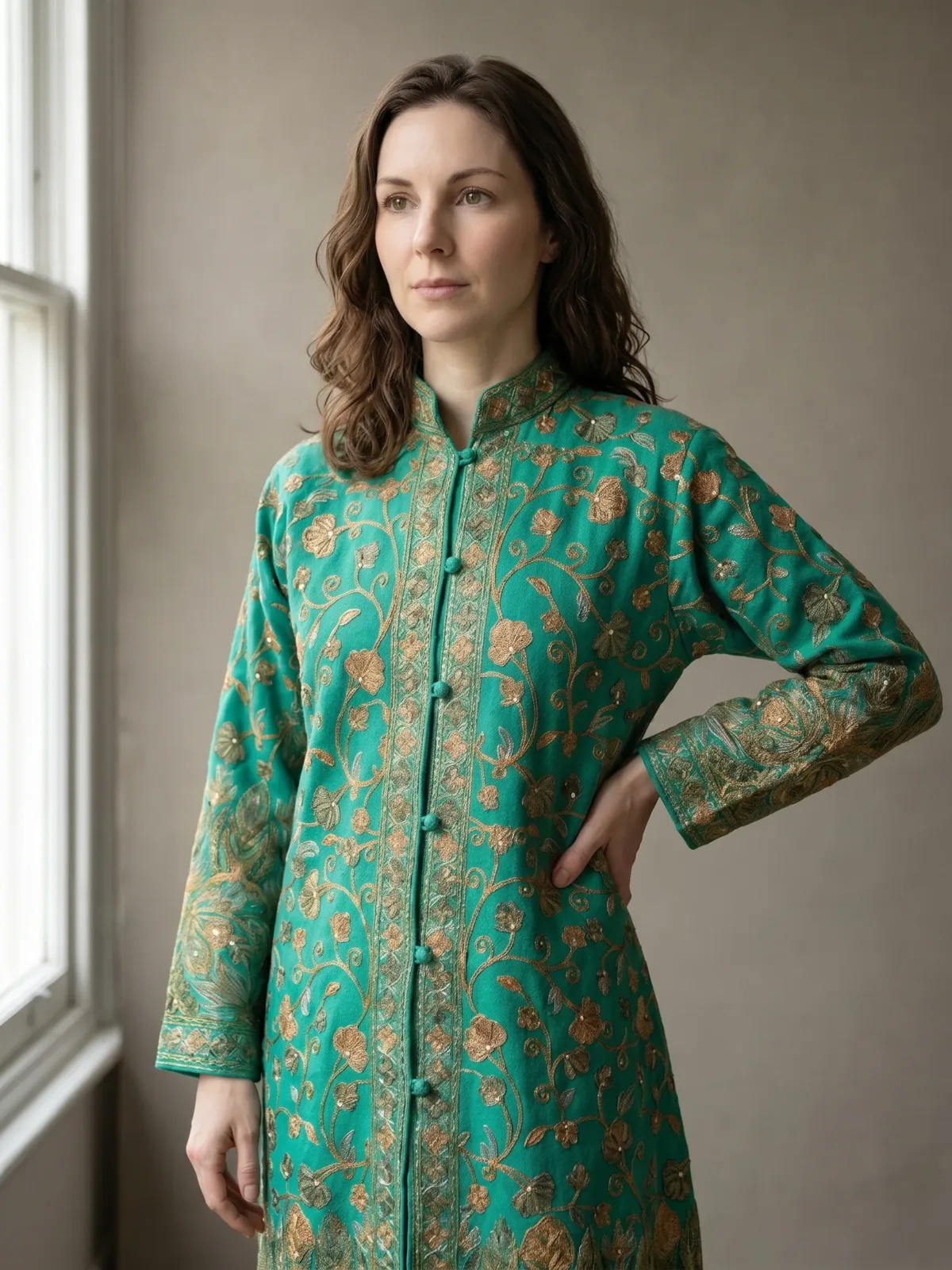 The Emerald Whispers Kashmiri Long Woollen Jacket