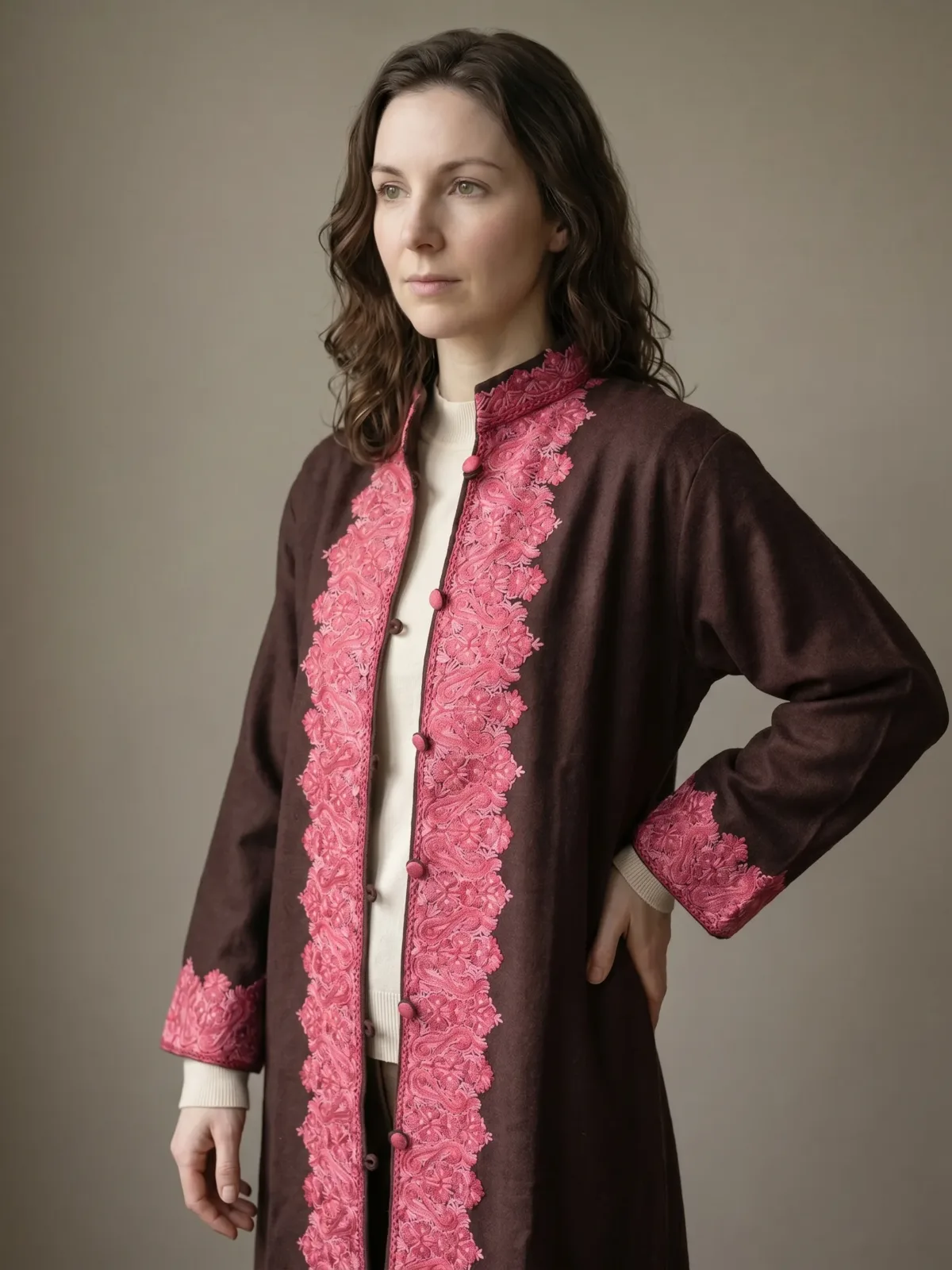 The Gulmarg Rose Woollen Jacket Hand Aari Embroidered