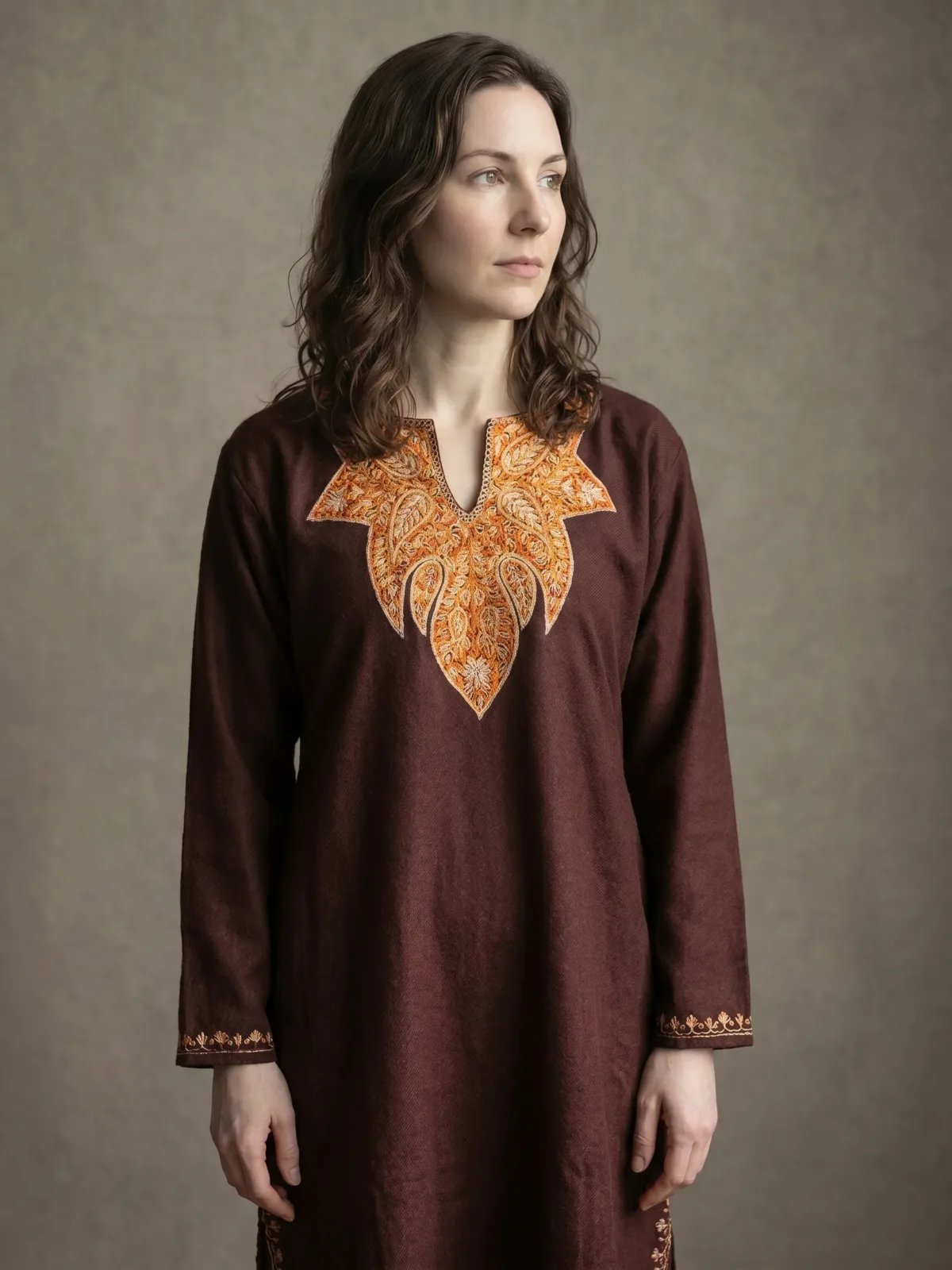 Zaheen Chestnut Hand Needle Work Pheran