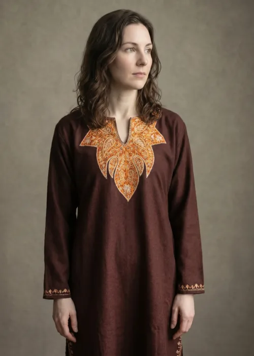 Zaheen Chestnut Hand Needle Work Pheran