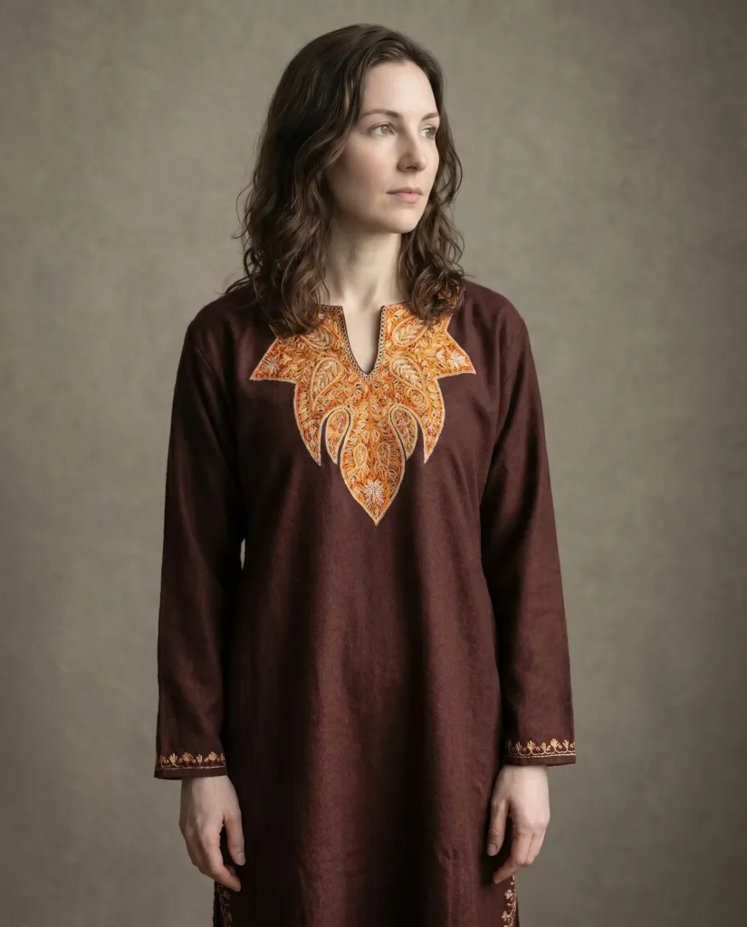 Zaheen Chestnut Hand Needle Work Pheran