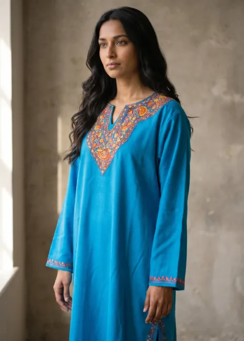 Zaiba Kashmiri Acro Wool Aari Pheran in Blue