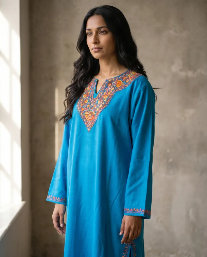 Zaiba Kashmiri Acro Wool Aari Pheran in Blue