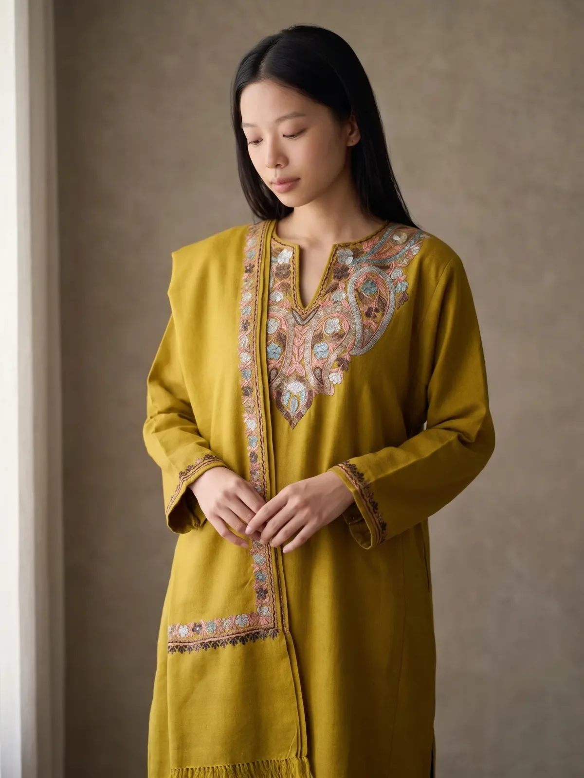 Zard-e-Khizaan Aari Embroidered Wool Pheran