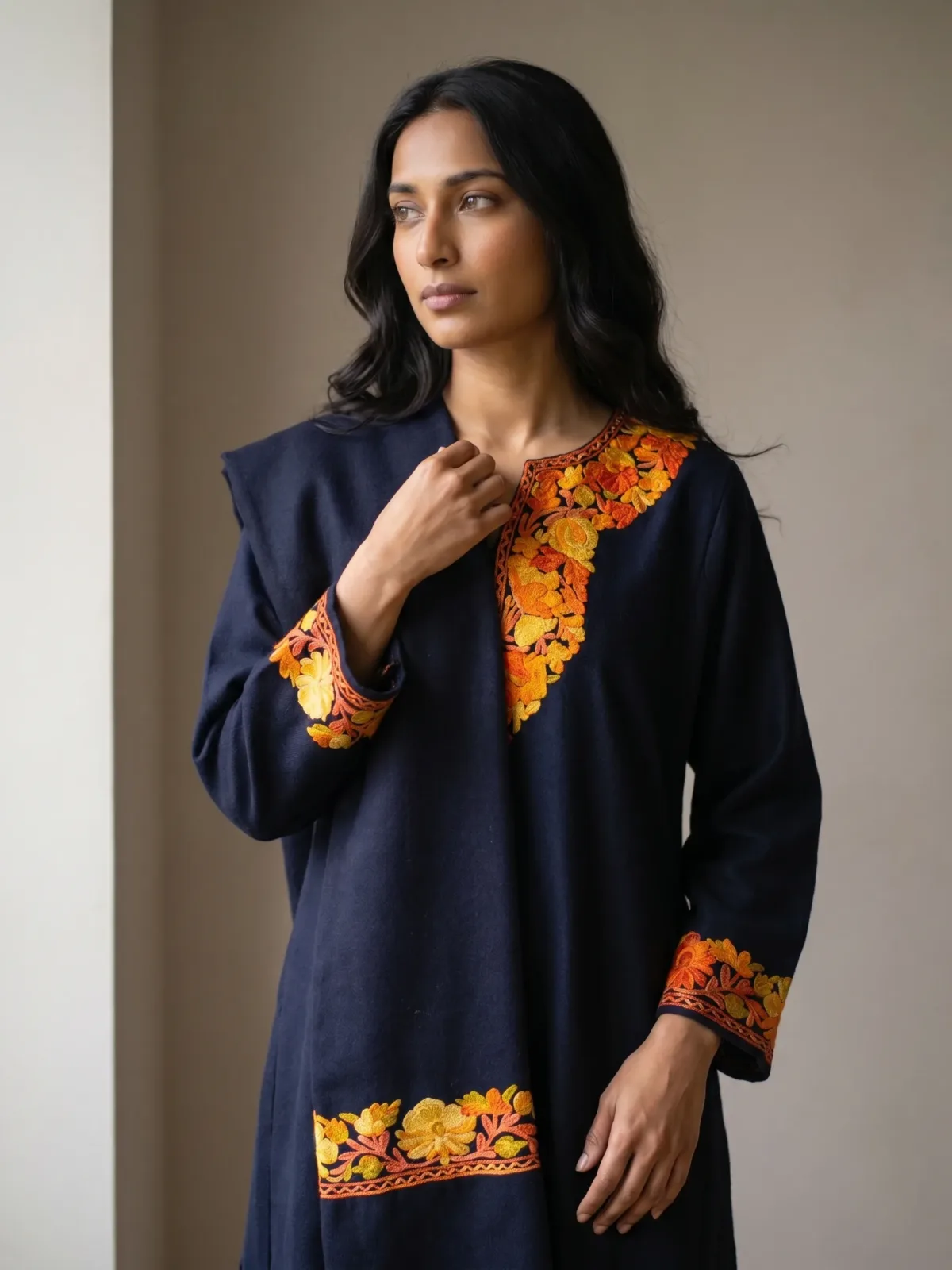 Zard-e-Shab Aari Embroidered Acro Wool Pheran Set (Pheran, Scarf & Trousers)