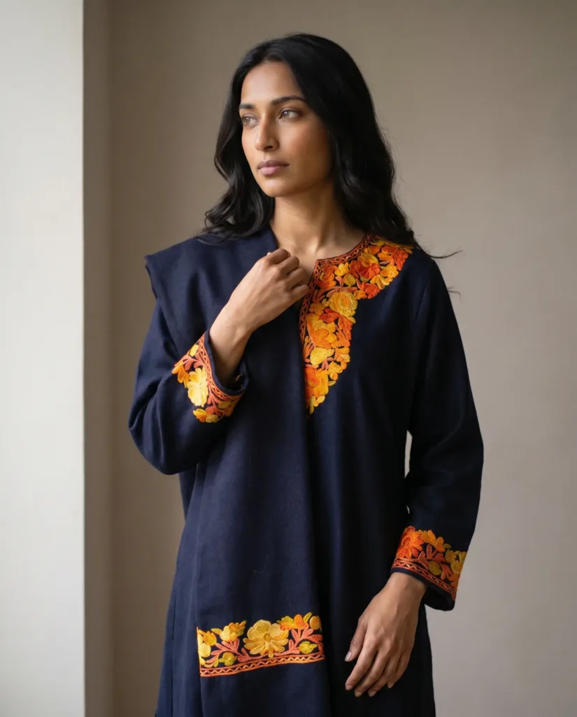 Zard-e-Shab Aari Embroidered Acro Wool Pheran Set (Pheran, Scarf & Trousers)