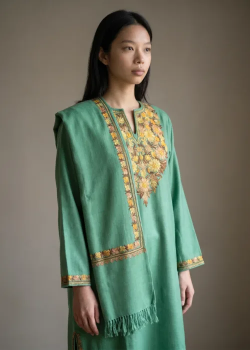 Zard-Gul Sabz Aari Embroidered Wool Pheran