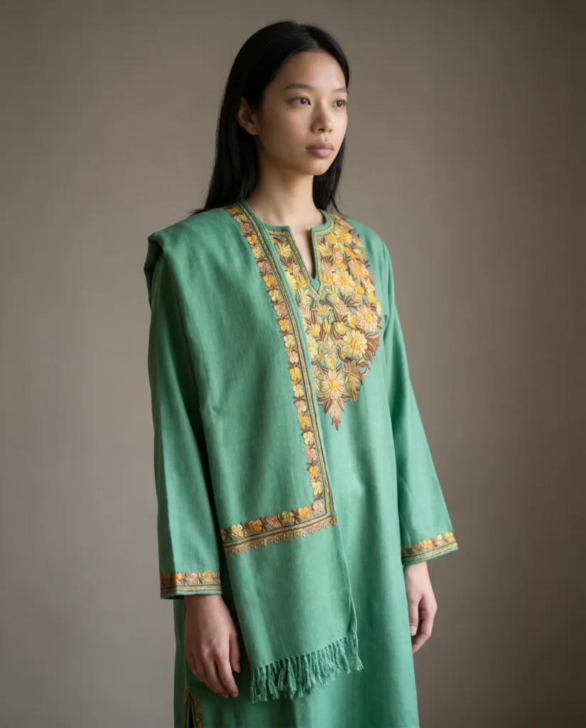 Zard-Gul Sabz Aari Embroidered Wool Pheran