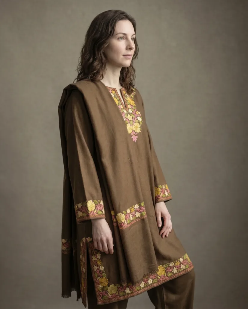 Zarif Aari Embroidered Acro Wool Pheran Set (Pheran, Scarf & Trousers)