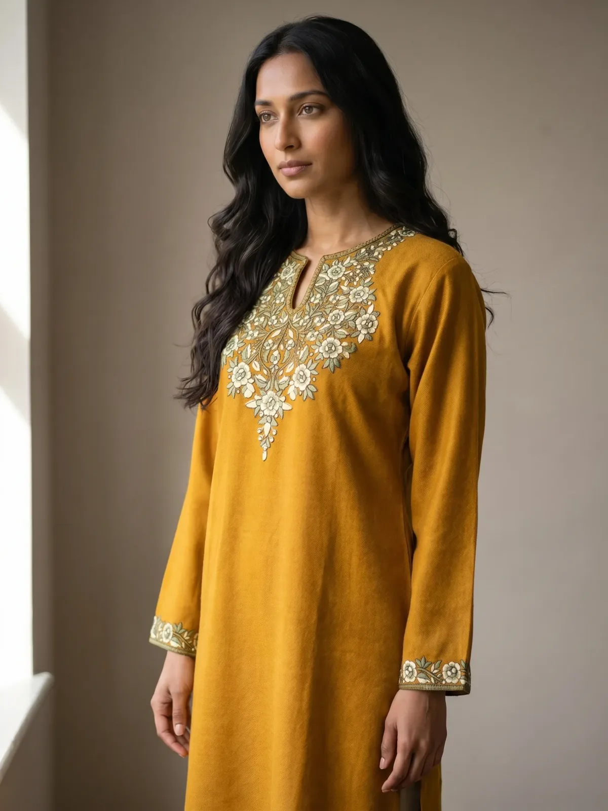 Zareen Handcrafted Acro Wool Kurti with Kashmiri Floral Needlework (Mustard Gold)