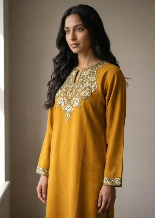 Zareen Handcrafted Acro Wool Kurti with Kashmiri Floral Needlework (Mustard Gold)