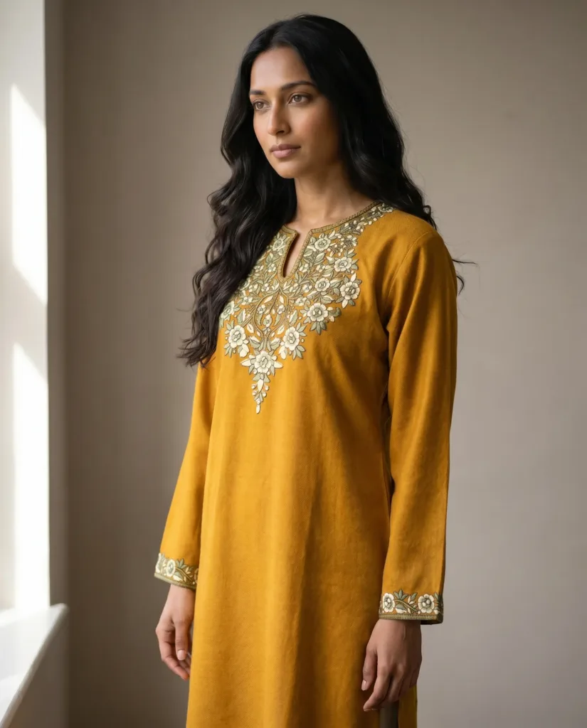 Zareen Handcrafted Acro Wool Kurti with Kashmiri Floral Needlework (Mustard Gold)