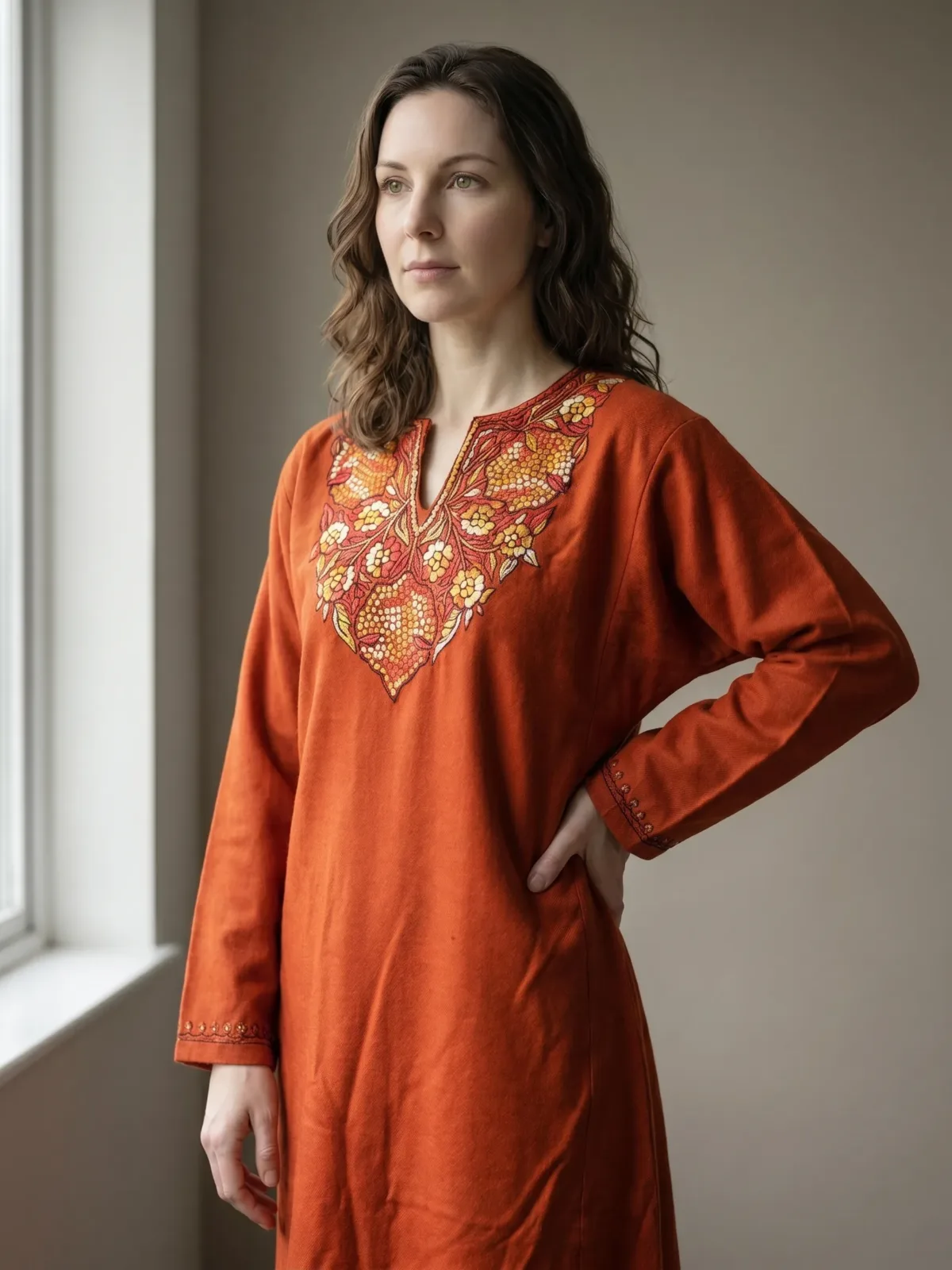 Zehra Burnt Cinnamon Acro Wool Pheran with Hand Needle Work