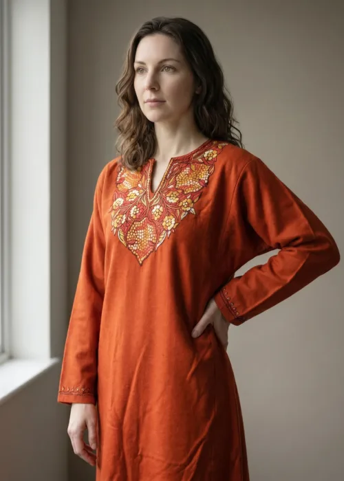 Zehra Burnt Cinnamon Acro Wool Pheran with Hand Needle Work