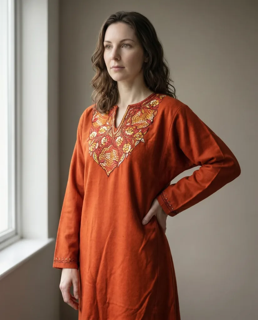 Zehra Burnt Cinnamon Acro Wool Pheran with Hand Needle Work