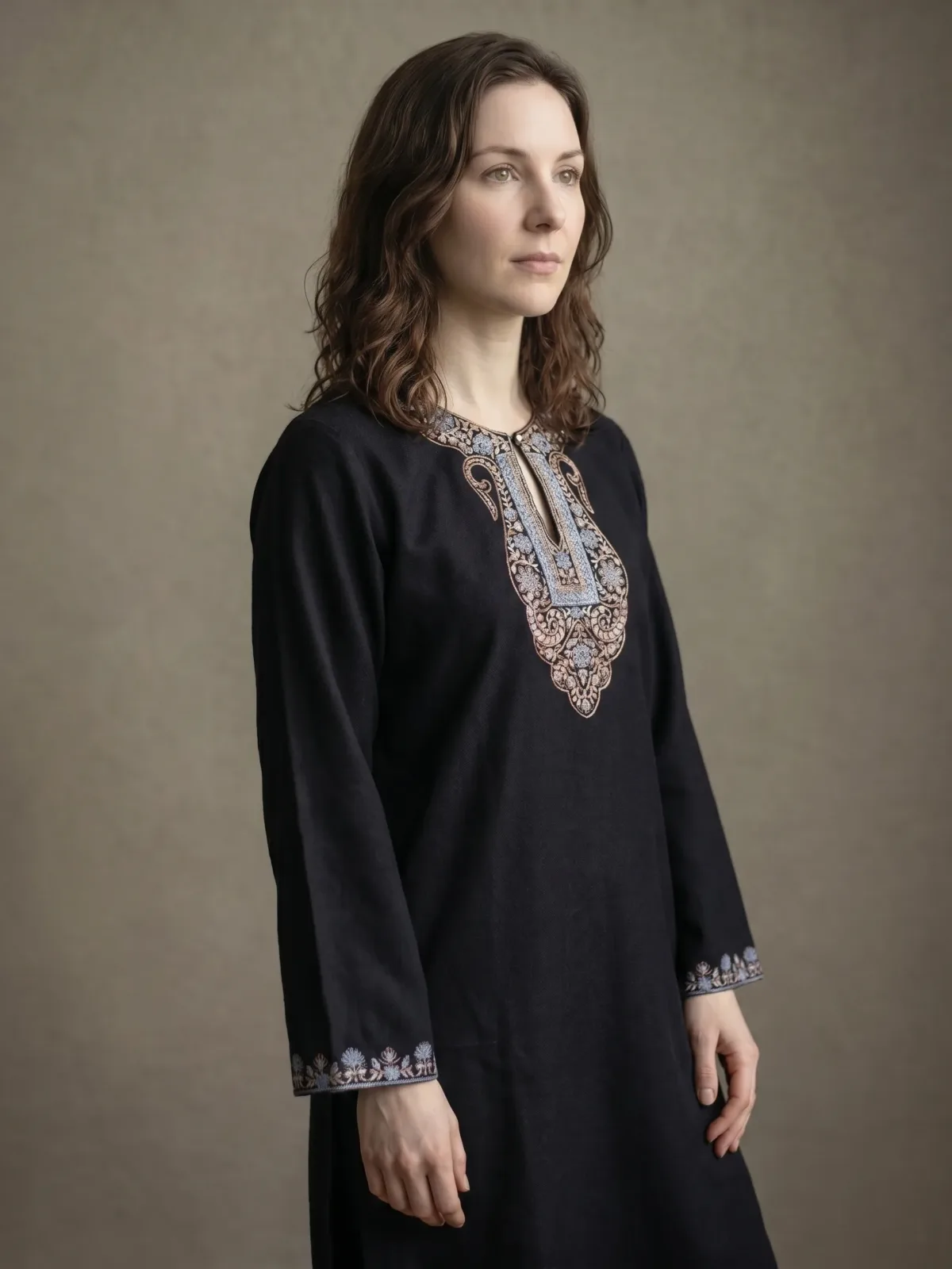 Samaa Handcrafted Acro Wool Kurti with Kashmiri Needlework (Ebony Black)