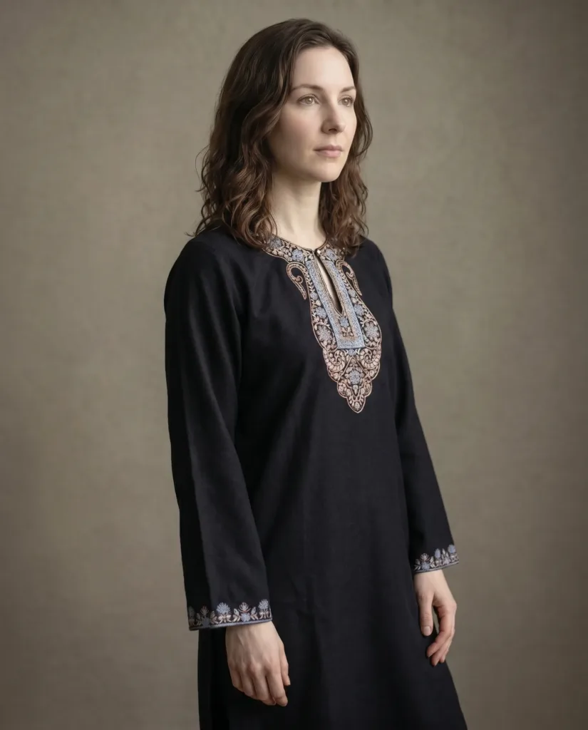 Samaa Handcrafted Acro Wool Kurti with Kashmiri Needlework (Ebony Black)