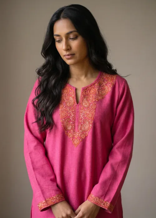 Zewar e Neelam Kashmiri Acro Wool Needle Kurti in Pink
