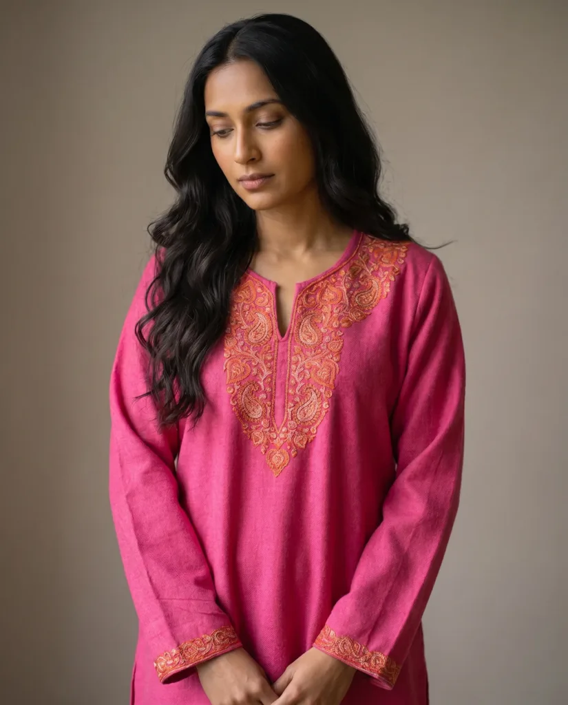 Zewar e Neelam Kashmiri Acro Wool Needle Kurti in Pink