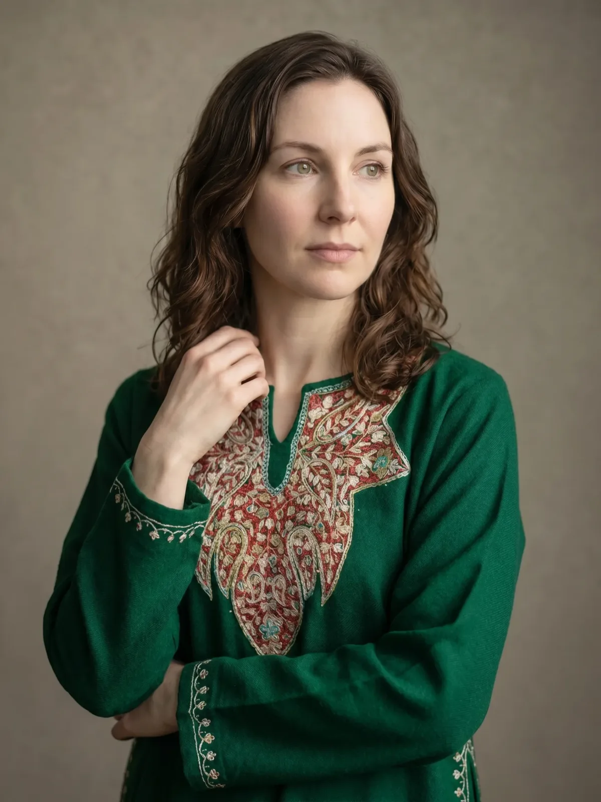 Zumarud Forest Green Acro Wool Pheran with Hand Needle Work