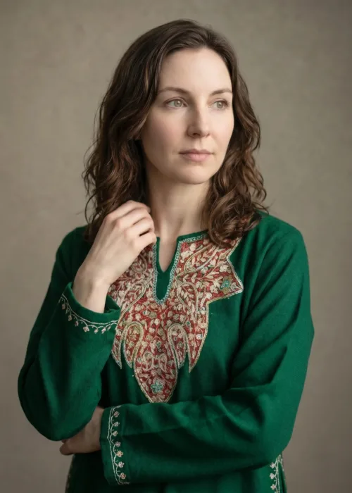 Zumarud Forest Green Acro Wool Pheran with Hand Needle Work