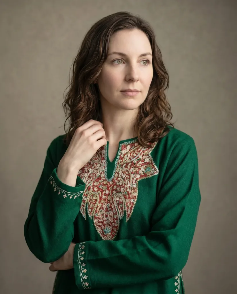 Zumarud Forest Green Acro Wool Pheran with Hand Needle Work