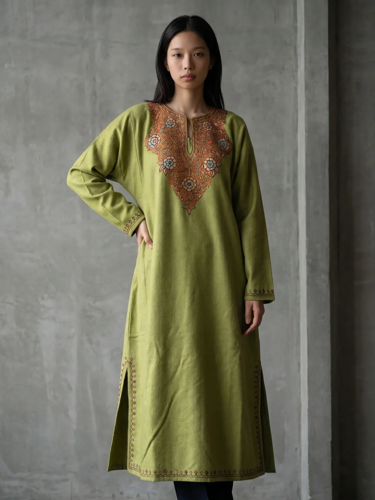 Naazira Olive Green Hand Needle Work Pheran