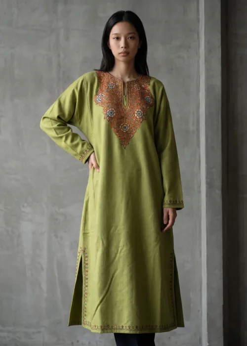Naazira Olive Green Hand Needle Work Pheran