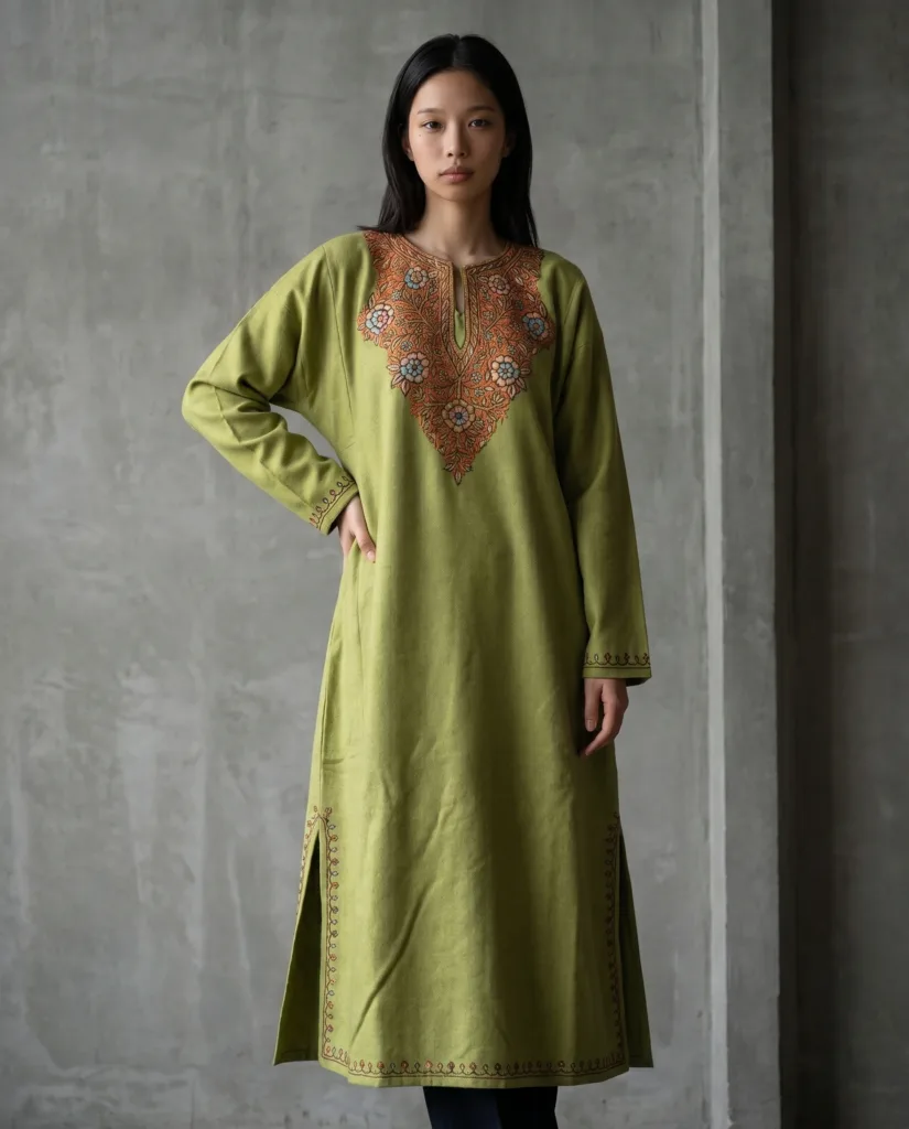 Naazira Olive Green Hand Needle Work Pheran