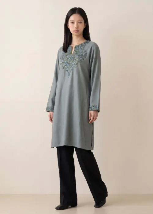 Nilofer Handcrafted Acro Wool Kurti with Kashmiri Floral Needlework (Slate Grey)