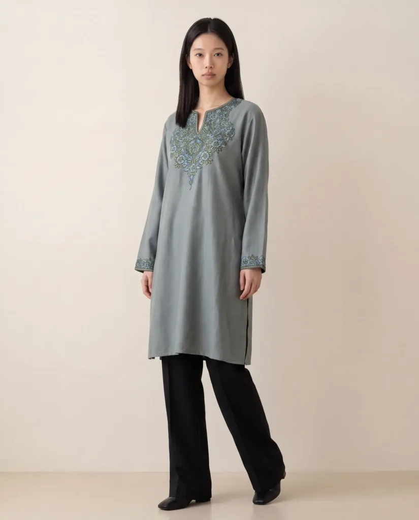 Nilofer Handcrafted Acro Wool Kurti with Kashmiri Floral Needlework (Slate Grey)