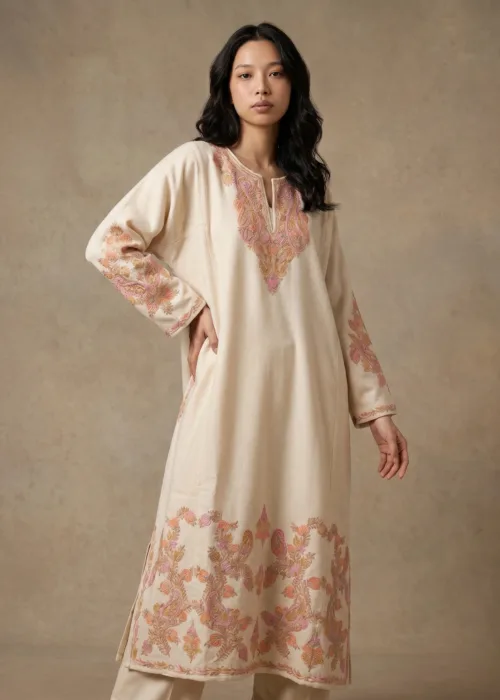 Rozaan Ivory Acro Wool Aari Embroidered Pheran