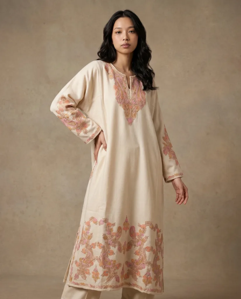 Rozaan Ivory Acro Wool Aari Embroidered Pheran