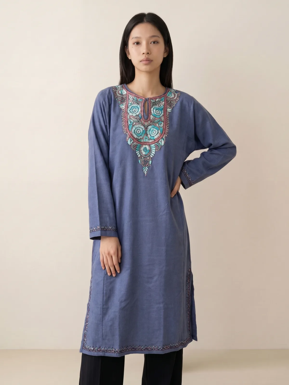 Yaqoot Smoky Grey Acro Wool Pheran with Hand Needle Work