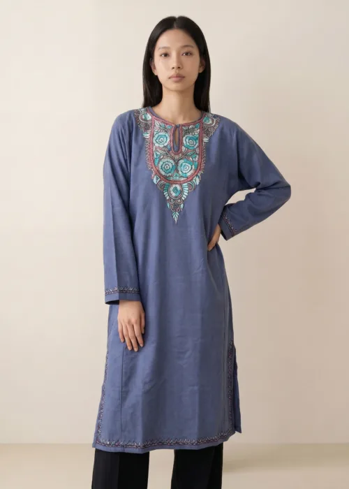 Yaqoot Smoky Grey Acro Wool Pheran with Hand Needle Work